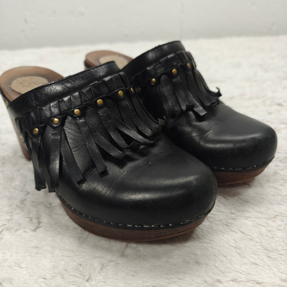 Dansko Deni Fringe Womens 37 EU 6.5 US Leather Platform Platform Mule‎ Black
